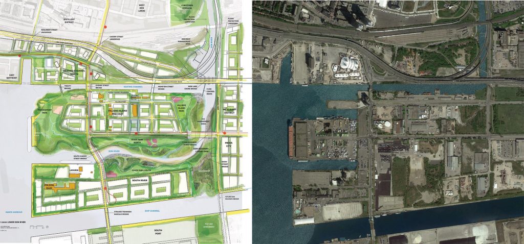 Aerial View of Port Lands Existing Conditions and Rendering (CNW Group/Waterfront Toronto)